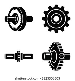 A collection of four distinct mechanical gear and shaft illustrations in black silhouette on a white backdrop