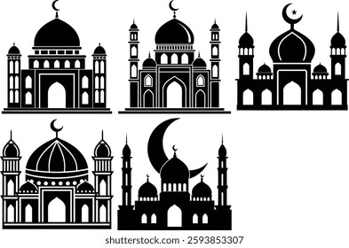 A collection of four distinct mosque illustrations, rendered in a simple yet elegant black and white silhouette style. Each design showcases unique architectural details and proportions.