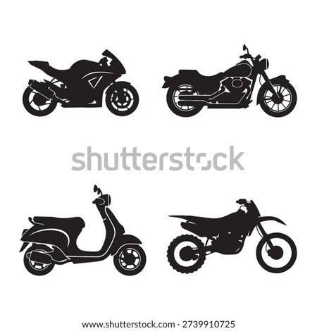A collection of four distinct motorcycle silhouettes, including a sportbike, cruiser, scooter, and dirt bike, presented on a clean white background.