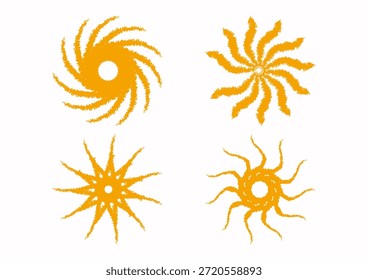 Una colección de cuatro diseños distintos de color naranja con remolinos y radiantes estampados de rayos de sol, cada uno con texturas y formas únicas.