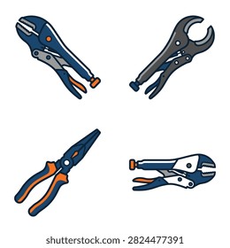 A collection of four distinct pliers tools including locking pliers and needle-nose pliers