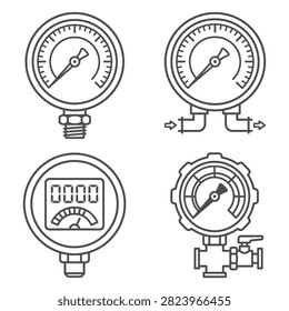 A collection of four distinct pressure gauge icons, each illustrating a different style of measurement device.