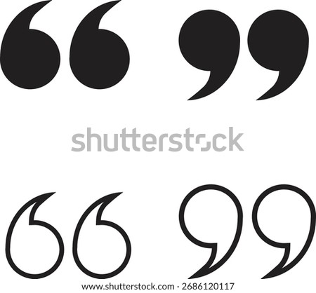 A collection of four distinct quote mark designs in black and white outlines representing dialogue quotation and speech in various textual and communication contexts.