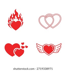 Una colección de cuatro distintivos gráficos de corazón rojo presentados juntos. Los iconos incluyen un corazón envuelto en llamas, dos corazones de contorno entrelazado, un grupo de corazones de diferentes tamaños y un ingenio del corazón