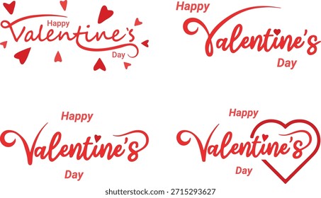 Uma coleção de quatro desenhos tipográficos vermelhos distintos comemorando o Dia de São Valentim. Cada design apresenta o texto estilizado de 'Feliz Dia dos Namorados' em um roteiro fluido, adequado para cartões, decorações ou di