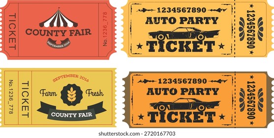Colección de cuatro entradas para eventos de estilo retro con varios diseños, incluido un pase de entrada a la feria del condado con un motivo de tienda y Elementos de granja, además de dos entradas para fiestas automáticas de estilo grunge con una ilustración de automóvil clásica, todo listo para usar como Elementos gráficos o maquetas.