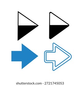 Una colección de cuatro íconos de flecha apuntando a la derecha que se muestran sobre un fondo blanco. El conjunto incluye una flecha azul sólida, una flecha de contorno azul, un punto triangular medio lleno en blanco y negro
