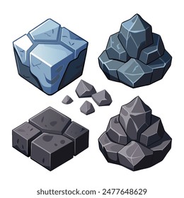 Una colección de cuatro tipos de roca distintos mostrados en una superficie blanca lisa