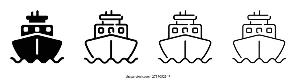 Collection of four distinct ship icons, including a solid black silhouette and three line art variations, all depicting a vessel sailing on water