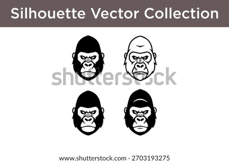 A collection of four distinct silhouette vector illustrations of fierce gorilla heads, showcasing their powerful and imposing presence.