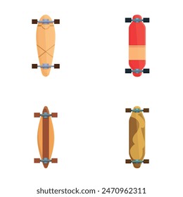 Collection of four distinct skateboard designs in vector format, viewed from above