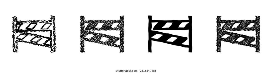 A collection of four distinct, sketchy illustrations of safety barriers, each with a unique style and texture, conveying a sense of caution or restriction