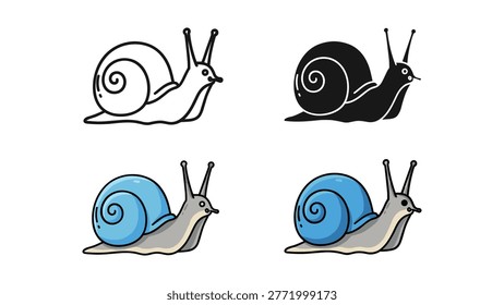 A collection of four distinct snail illustrations featuring outline, silhouette, and two colored versions. This versatile set is ideal for children's themes, nature concepts, or simple graphic design.