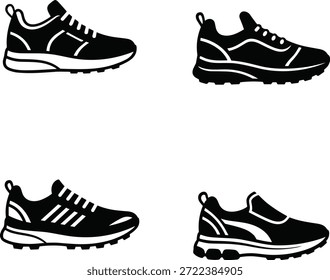 Una colección de cuatro ilustraciones de zapatillas distintas presentadas en un estilo limpio, minimalista, blanco y negro.