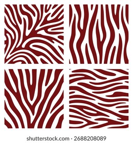A collection of four distinct square patterns featuring bold red and white zebra stripes, showcasing variations in stripe thickness and arrangement.