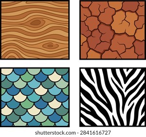 A collection of four distinct square patterns featuring wood grain, cracked earth, blue fish scales, and zebra stripes in a grid layout.
