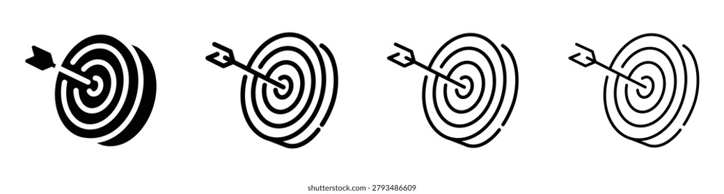 Collection of four distinct target and arrow graphic symbols representing accuracy and achievement in various artistic interpretations
