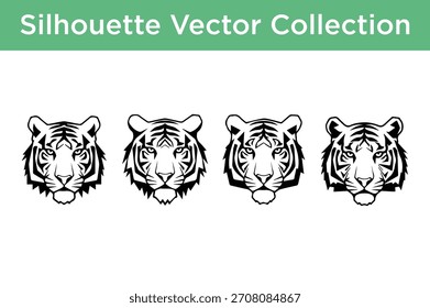 Uma coleção de quatro silhuetas distintas de cabeça de tigre em formato vetorial preto e branco, ideal para projetos de design.