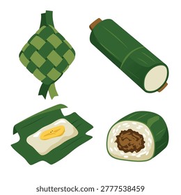A collection of four distinct traditional Javanese rice cakes including lontong, ketupat, lemper ayam, and nagasari, presented in a flat illustration style.
