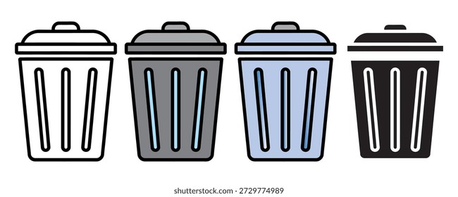 Eine Sammlung von vier verschiedenen Mülleimer-Symbolen, die Entsorgungs- und Recyclingoptionen darstellen