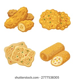 A collection of four distinct types of Indonesian fried street favorites including pisang goreng, bakwan jagung, tempe mendoan, and risol mayo.
