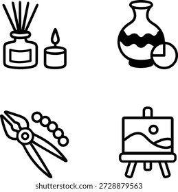 Collection of four distinct vector icons representing various hobbies and artistic pursuits on a clean background