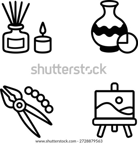 Collection of four distinct vector icons representing various hobbies and artistic pursuits on a clean background
