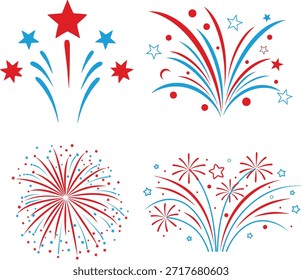 Colección de cuatro Ilustraciones vectoriales distintas que representan estallidos de fuegos artificiales estilizados utilizando principalmente colores rojo y azul combinados con estrellas que simbolizan la celebración nacional y el patriotismo.