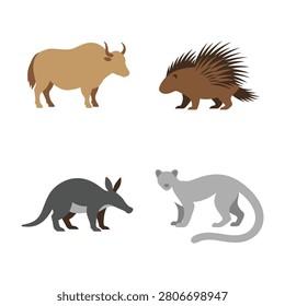 A collection of four distinct wild animals displayed in a flat design style. The set features a sturdy muskox, a spiky porcupine, an aardvark, and a ringtailed lemur.