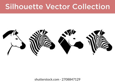 Una colección de cuatro siluetas distintas de cabeza de cebra en formato Vector, con varios estilos en blanco y negro.