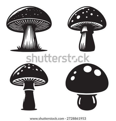 A collection of four distinctive black and white mushroom illustrations for design
