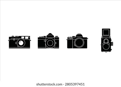 Collection of four diverse black silhouette vintage and modern cameras isolated on transparent background