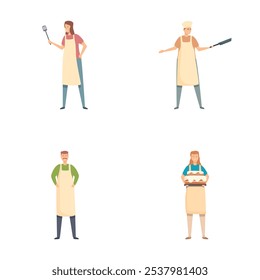 Colección de cuatro chefs de dibujos animados que muestran diferentes actividades culinarias y poses