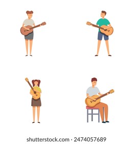 Collection of four diverse cartoon illustrations featuring individuals playing acoustic guitars