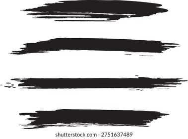A collection of four diverse, distressed black brush stroke elements isolated on a clean white background, perfect for adding a raw, artistic, or textured grunge effect to designs. These scalable vector graphics can be used to create backgrounds, borders, or emphasize text in various graphic design projects.
