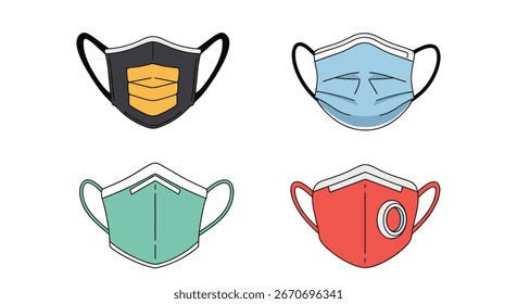 Recolha de quatro máscaras faciais diversas para proteção contra partículas em suspensão e poluentes que oferecem segurança sanitária