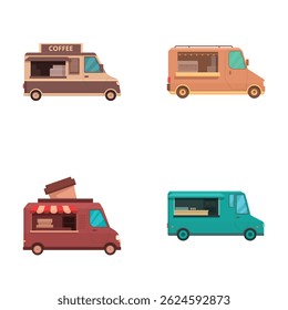 Collection of four diverse food truck vector illustrations isolated on a white background