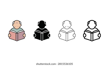 Collection of four diverse icon styles depicting an elder person reading a book