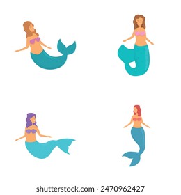 Collection of four diverse mermaids with different hairstyles and tail colors in a flat design style