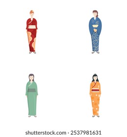 Collection of four diverse women wearing colorful kimonos, representing traditional japanese attire