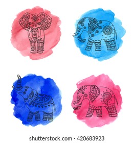 Collection of four doodle elephants on abstract watercolor background