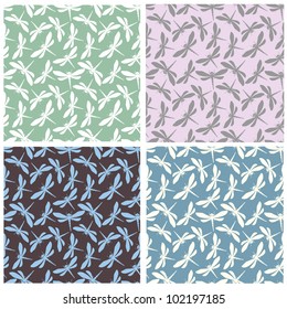 Collection of four dragonflies seamless  patterns. Vector illustration
