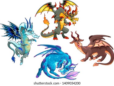 Collection of four dragons. Cartoon vector isolated characters.