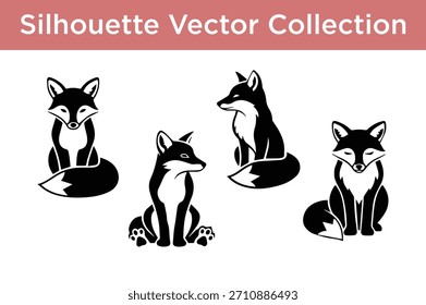 Una colección de cuatro elegantes siluetas de zorro blanco y negro en varias posiciones sentadas, perfectas para Diseños gráficos, logotipos o proyectos de temática animal.