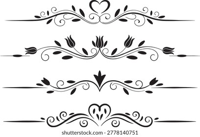 Collection of four elegant decorative border dividers featuring floral elements scrolls and heart motifs for refined creative layouts