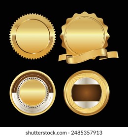 A collection of four elegant gold badges with intricate designs and blank spaces, suitable for awards, certifications, or branding purposes in a premium quality presentation.