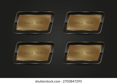 Coleção de QUATRO botões de ouro elegantes mostra um centro de gradiente quente cercado por um quadro refinado preto-e-ouro.