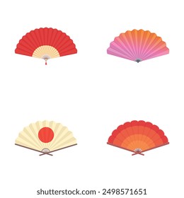 Collection of four elegant hand fan designs, isolated on white background