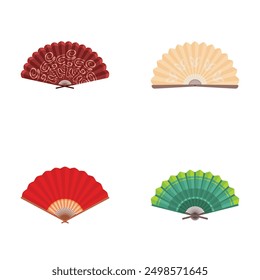 Collection of four elegant hand fans with different colors and patterns