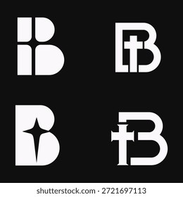 Una colección de cuatro elegantes y minimalistas logotipos de letras B que incorporan diseños de cruces religiosas y estrellas espirituales, presentados en blanco sobre fondo negro.